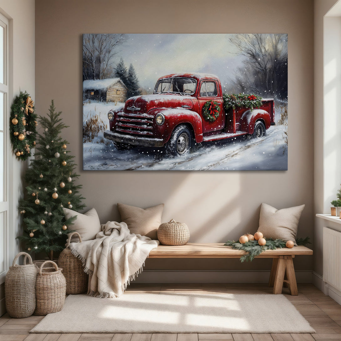 Framed Wall Art: Red vintage truck in snowy winter scene. Rustic style, warm red, white, and gold color palette. Perfect Christmas decor.