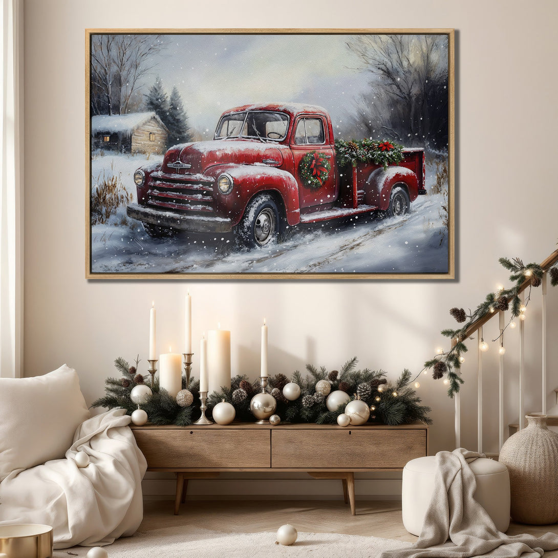 Framed Wall Art: Cozy winter scene featuring a red truck in the snow. Rustic style with a warm, inviting color palette. Perfect for holiday decor!