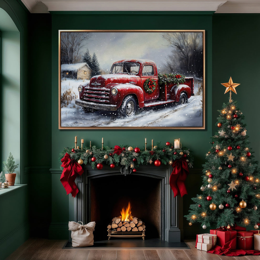 Framed Wall Art: Vintage red truck in winter scene. Rustic style, warm red, green & gold color palette. Perfect Christmas decor for your home!