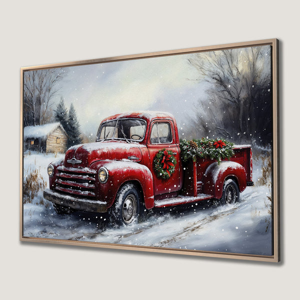 Framed Wall Art: Vintage red truck in winter scene. Rustic style with snowy details and a warm, inviting color palette. Perfect holiday decor.