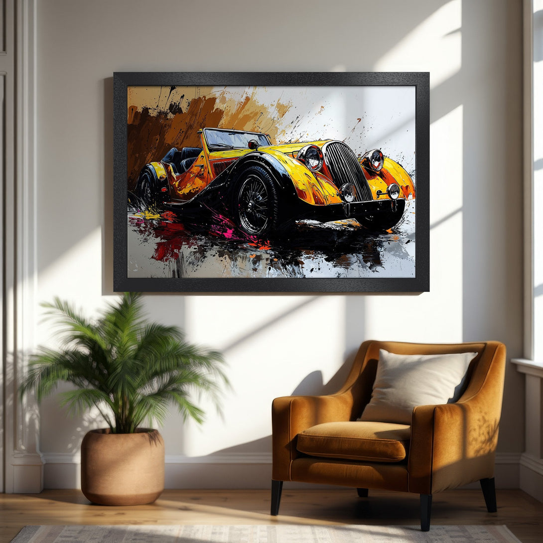 Framed Poster of a vintage yellow car. Abstract art style with orange, black, & white color palette. Perfect wall decor.