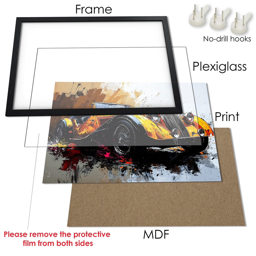 Framed Poster featuring a classic car in an abstract style with a warm color palette. Perfect wall art for your home!