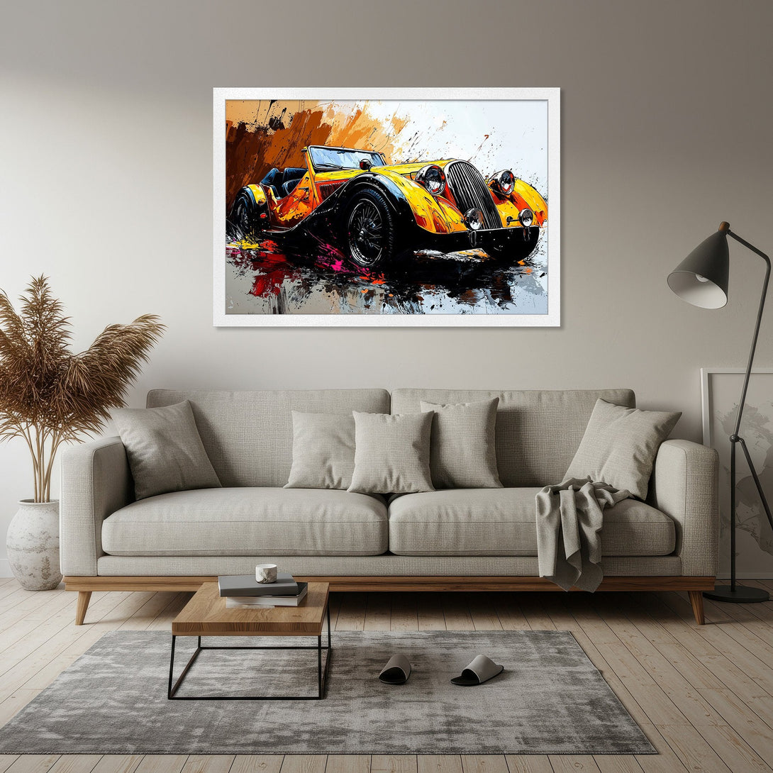 Framed Poster of a classic yellow car in abstract style, featuring a vibrant orange, black, and red color palette. Perfect wall art.