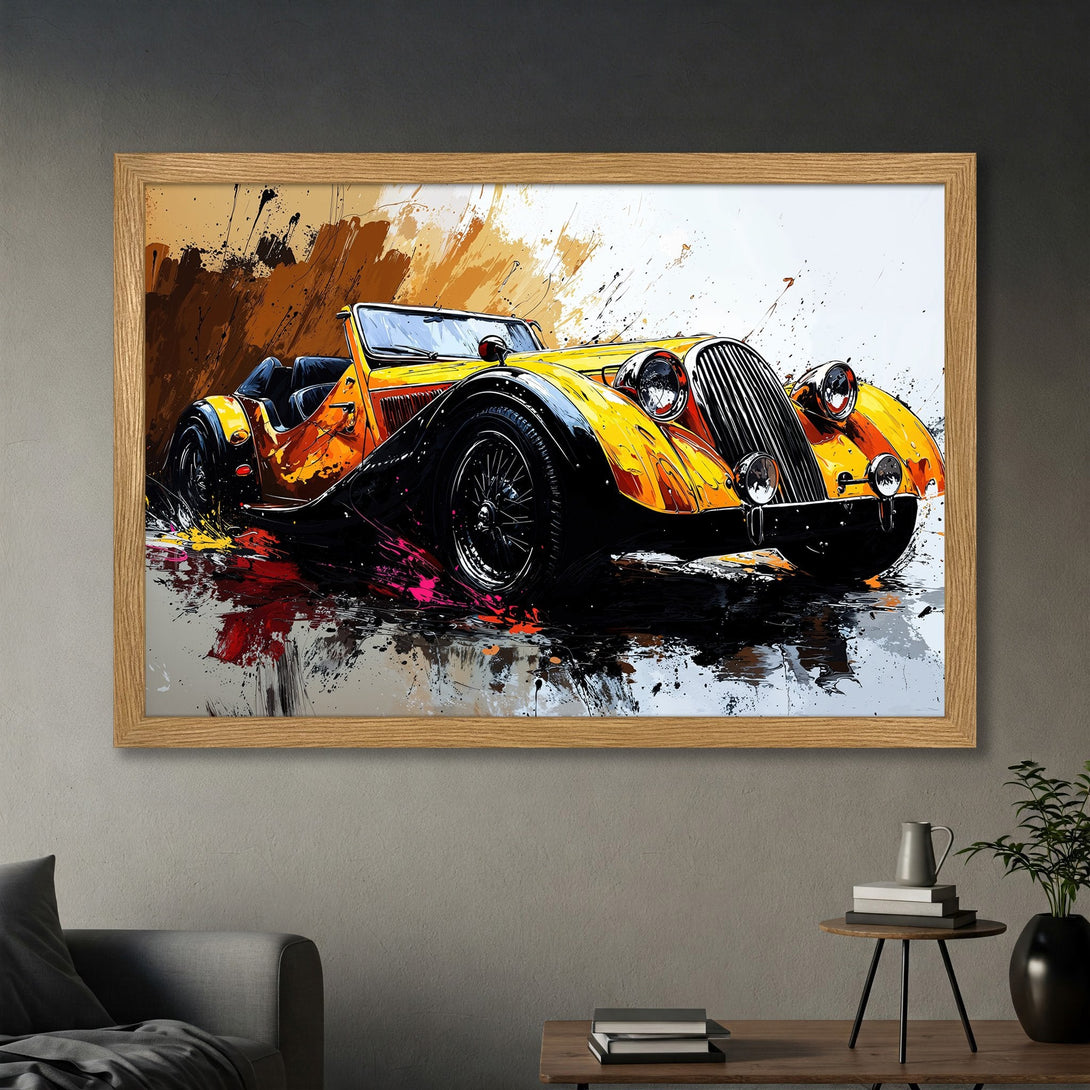 Framed Poster of a vintage yellow car in an abstract style. Bold colors, striking art for your wall.