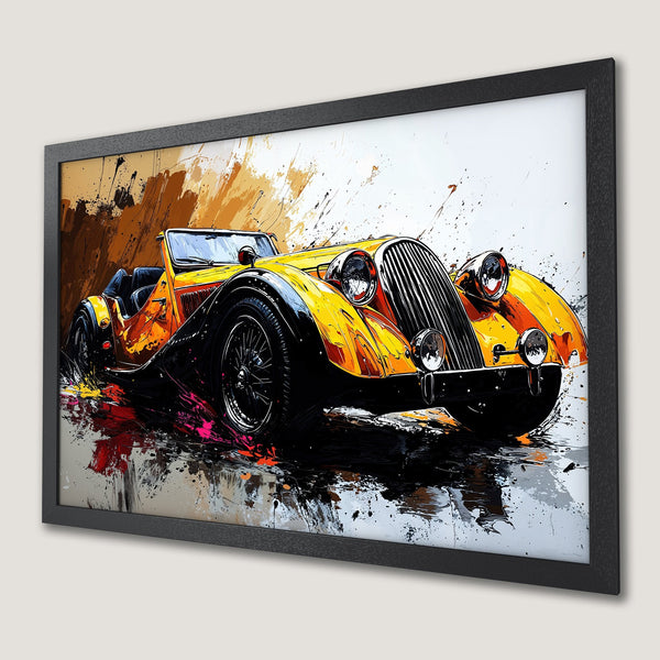 Framed Poster of a vintage yellow car, abstract art style, with a vibrant orange, black, and white color palette.