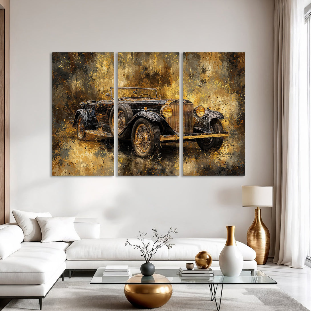 Canvas Print of a vintage car in a modern interior. Abstract style with gold, black, and brown color palette. Perfect wall art for any space.