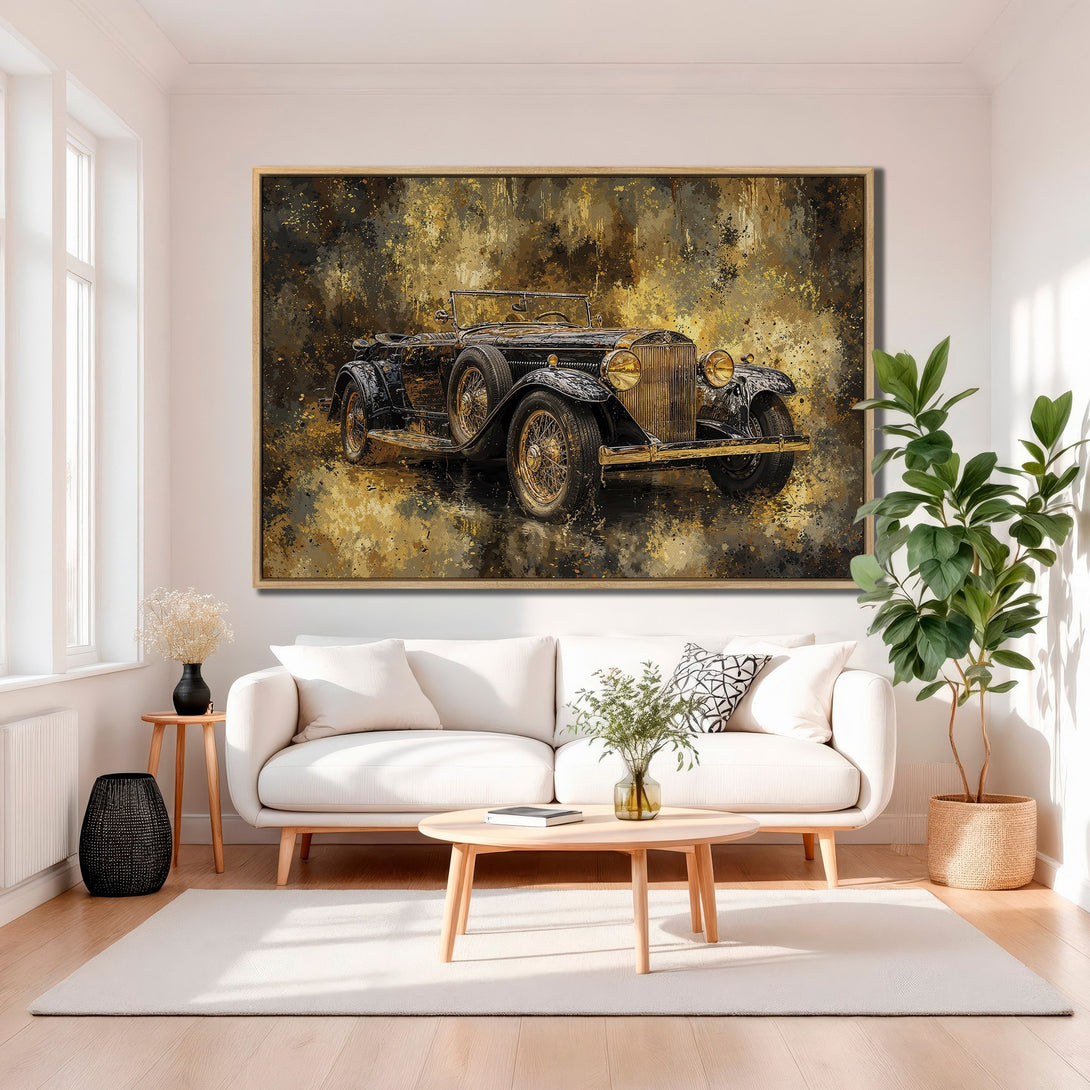 Framed Wall Art: Vintage car painting in abstract style with gold and black tones. Perfect for adding a touch of classic elegance to your living room.