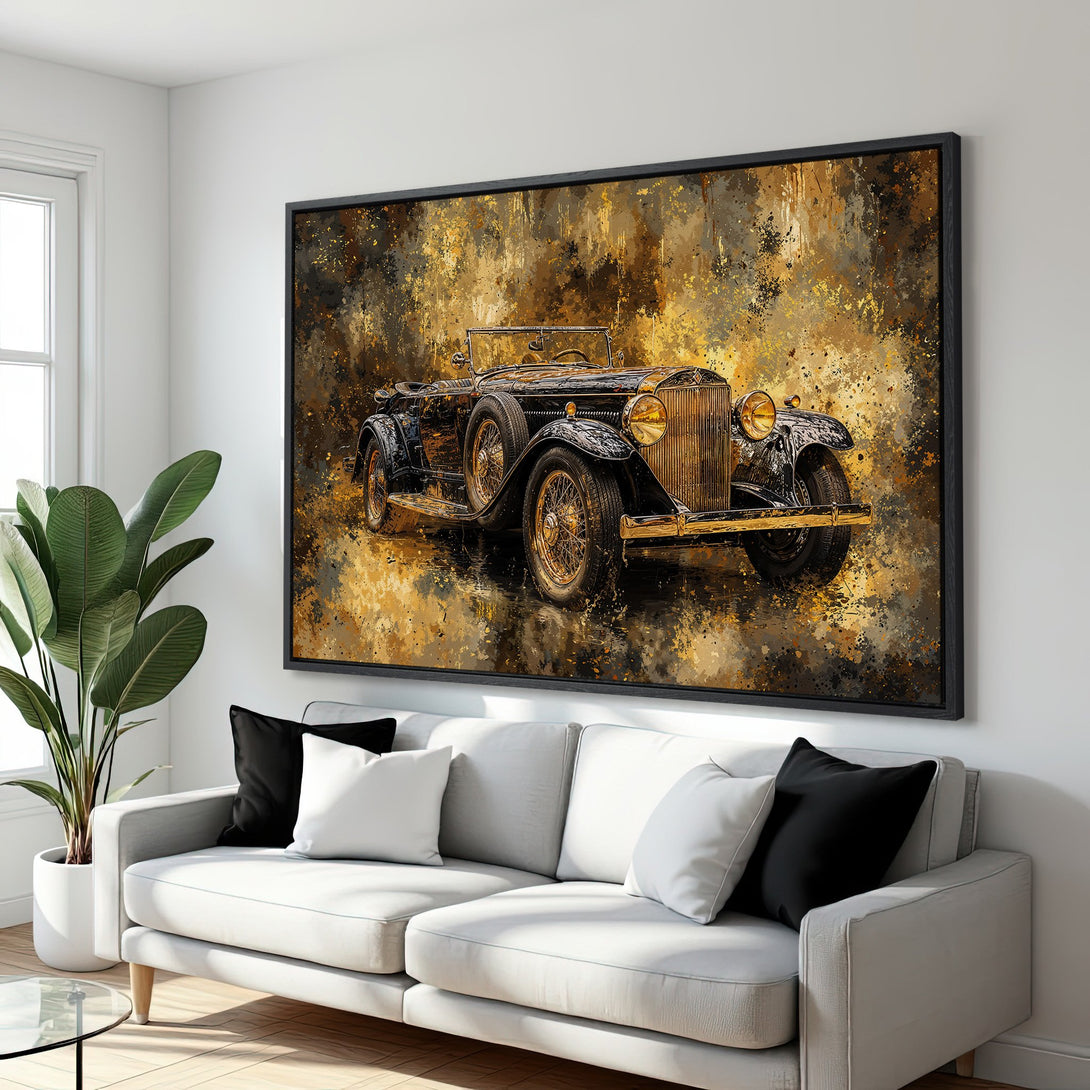 Framed Wall Art: Vintage car canvas print with a gold and black color palette. Perfect for adding a touch of classic elegance to your home decor.