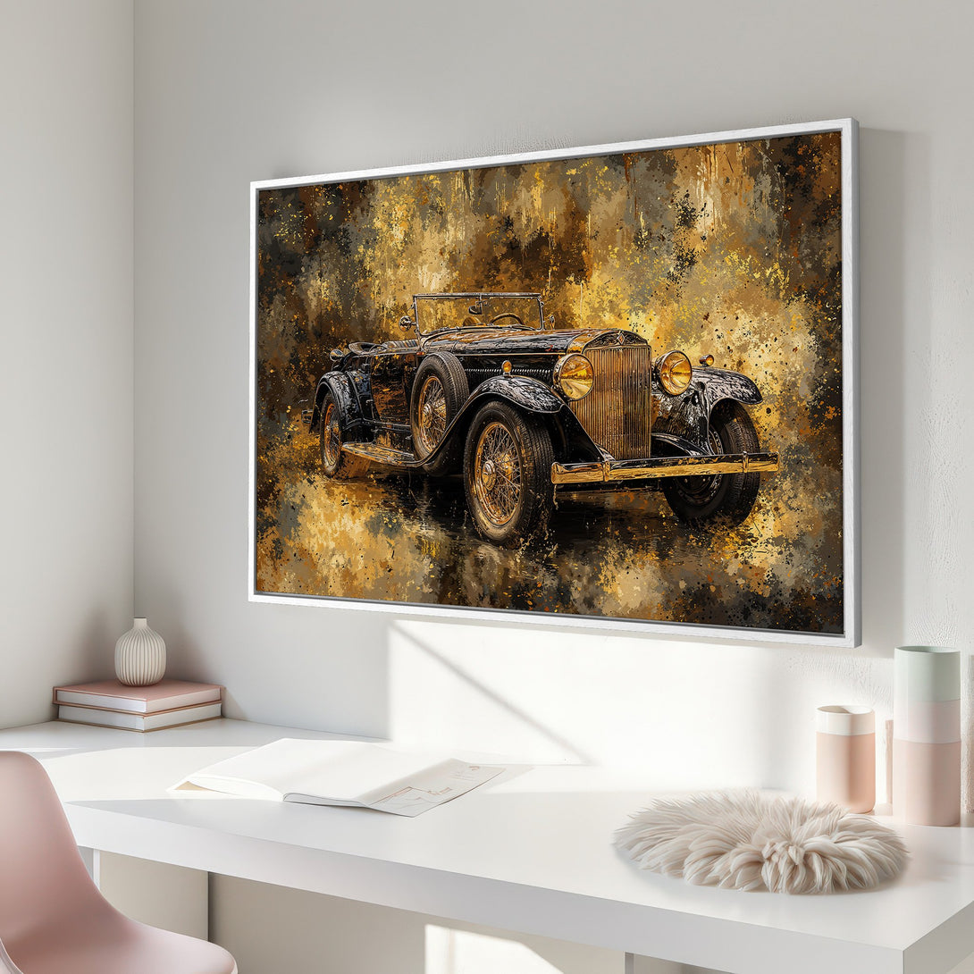 Framed Wall Art featuring a vintage car in a gold and black abstract style. Perfect for adding a touch of luxury to your home decor.