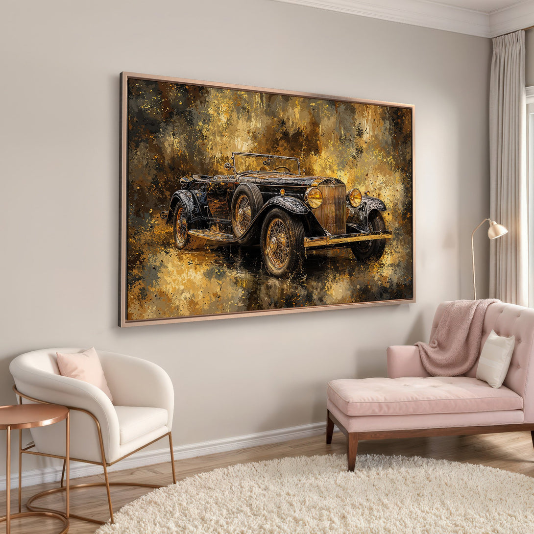 Framed Wall Art: Vintage car canvas print in gold and black, displayed in a modern interior. Add a touch of classic elegance to your space!