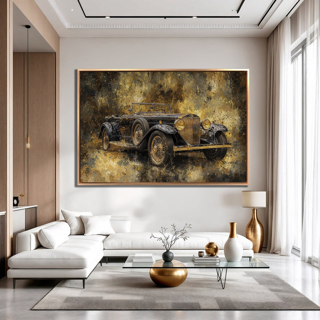 Framed Wall Art: Vintage car art in gold and black, abstract style. Perfect for adding a touch of luxury to your home decor.