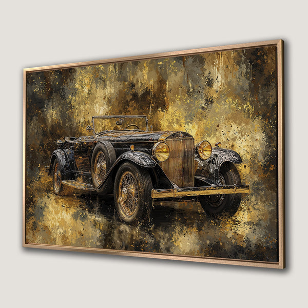 Framed Wall Art: Vintage car canvas print in gold and black abstract style. Perfect for classic car enthusiasts.