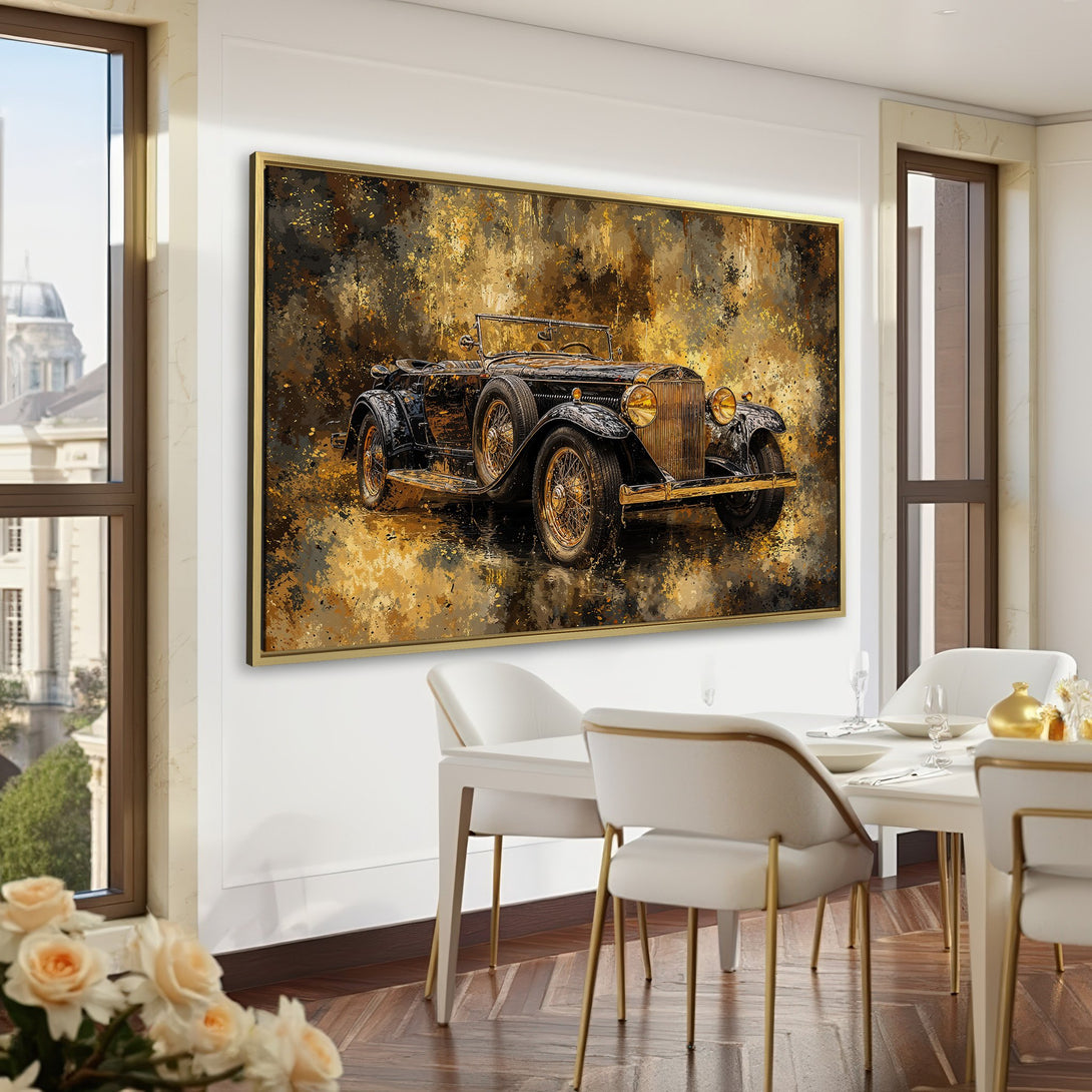 Canvas Print of a classic car in an abstract style. Earthy gold and black tones, perfect for adding vintage flair to your home.