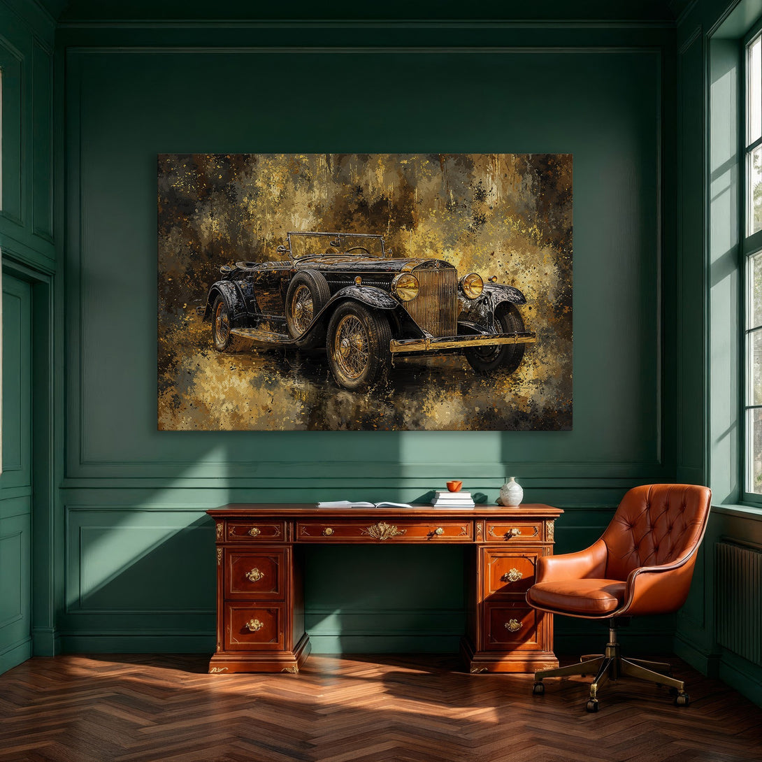 Framed Wall Art - Vintage car canvas print in gold and black. Abstract style art perfect for modern interiors. Elevate your space with this stunning piece.