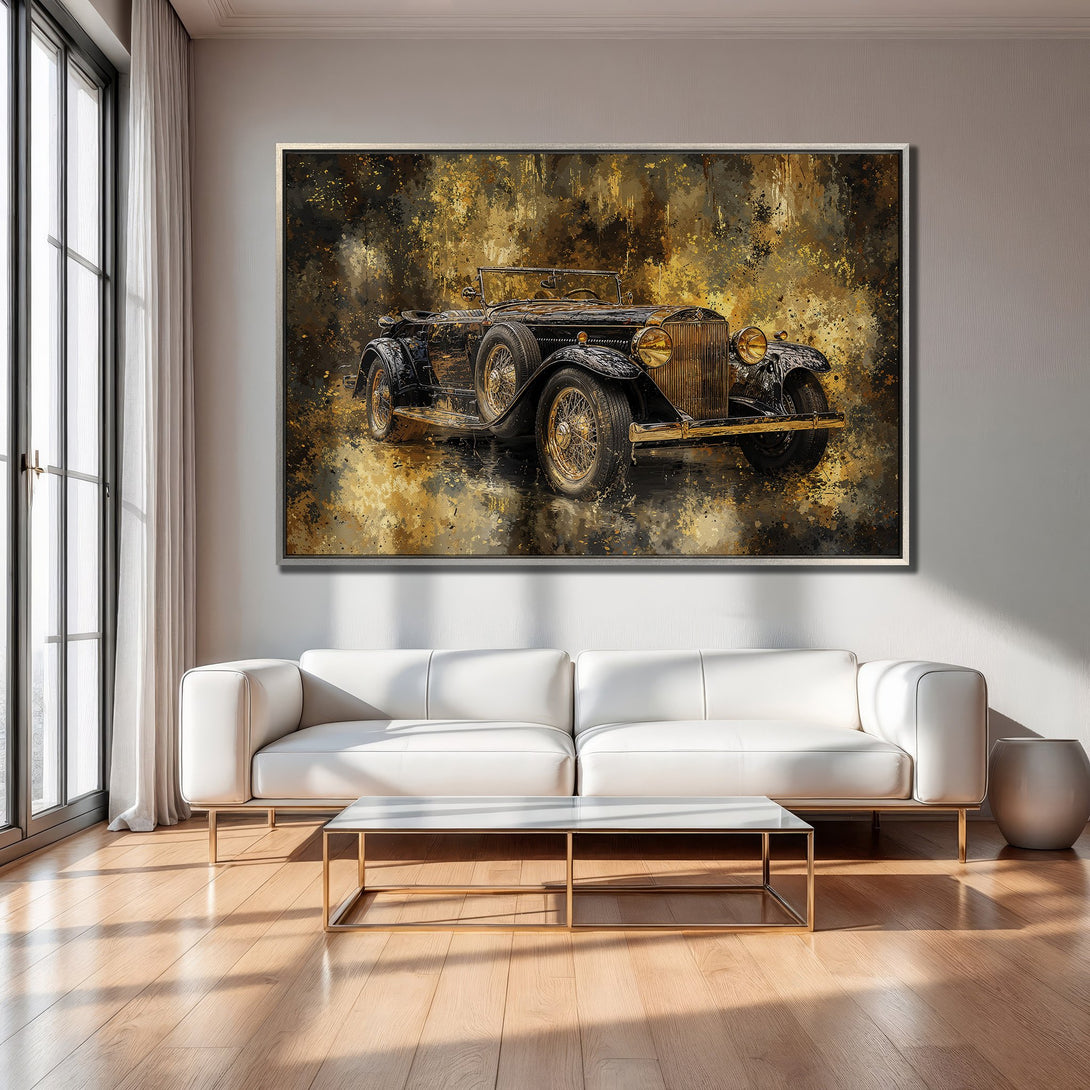 Framed Wall Art of an antique car in a gold and black abstract style, perfect for adding a touch of vintage elegance to your home.