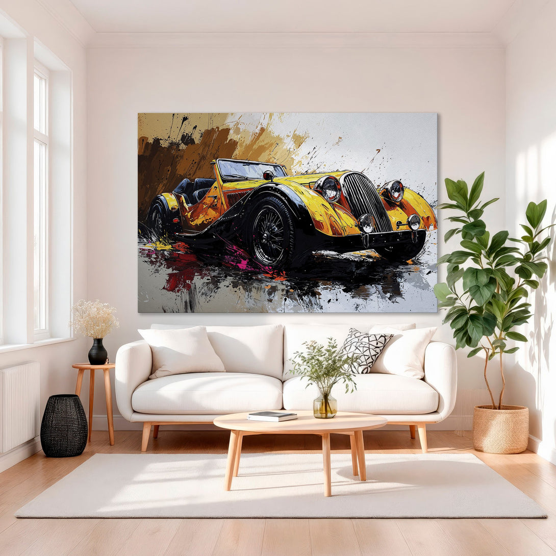 Framed Wall Art: Abstract painting of a vintage yellow car. Bold, colorful artwork with a splash effect. Perfect for modern interiors.