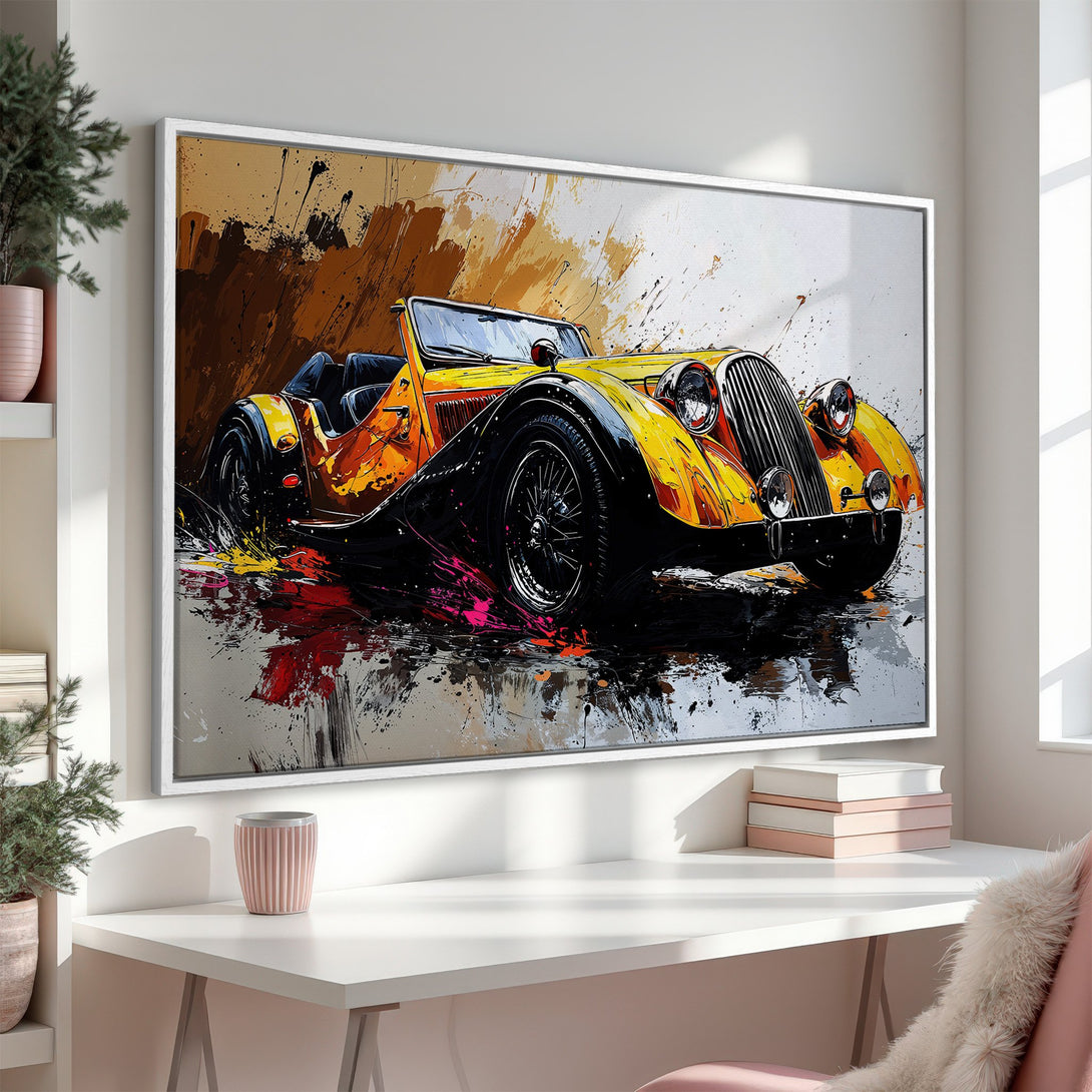 Framed Wall Art: Abstract painting of a vintage yellow car. Bold brushstrokes and a warm color palette create a stylish statement piece. Perfect for car enthusiasts!
