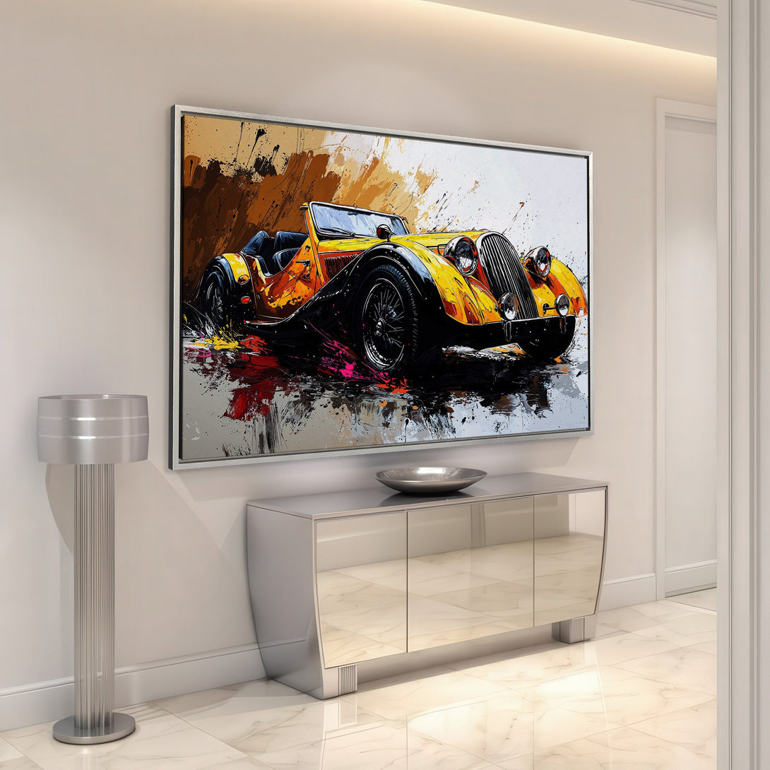 Framed Wall Art of a vintage yellow car, abstract style, displayed in a modern interior. Features a warm, vibrant color palette.