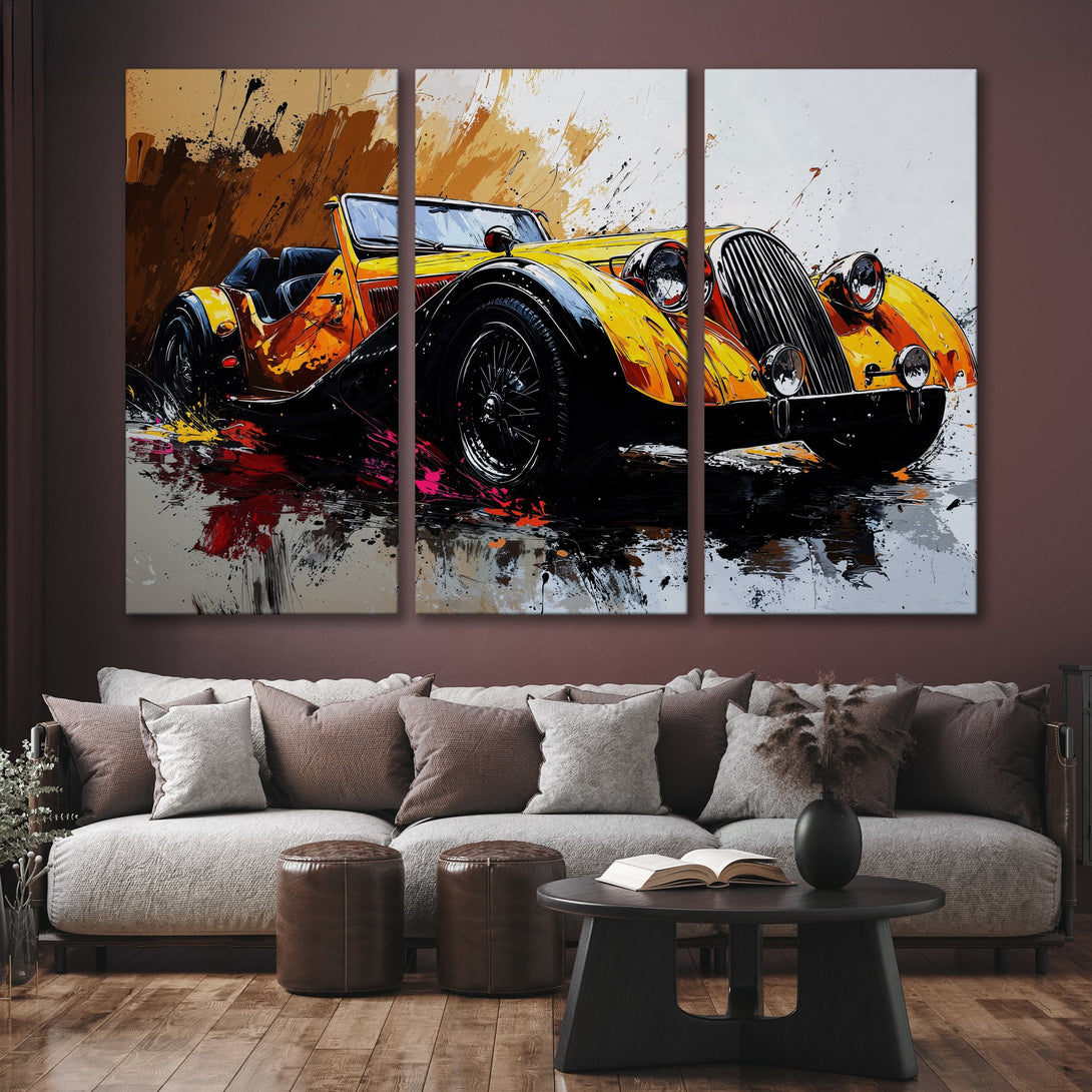 Canvas Print of a classic yellow car in a modern, abstract style. Features a warm, vibrant color palette of yellow, black, and brown. Perfect wall art!