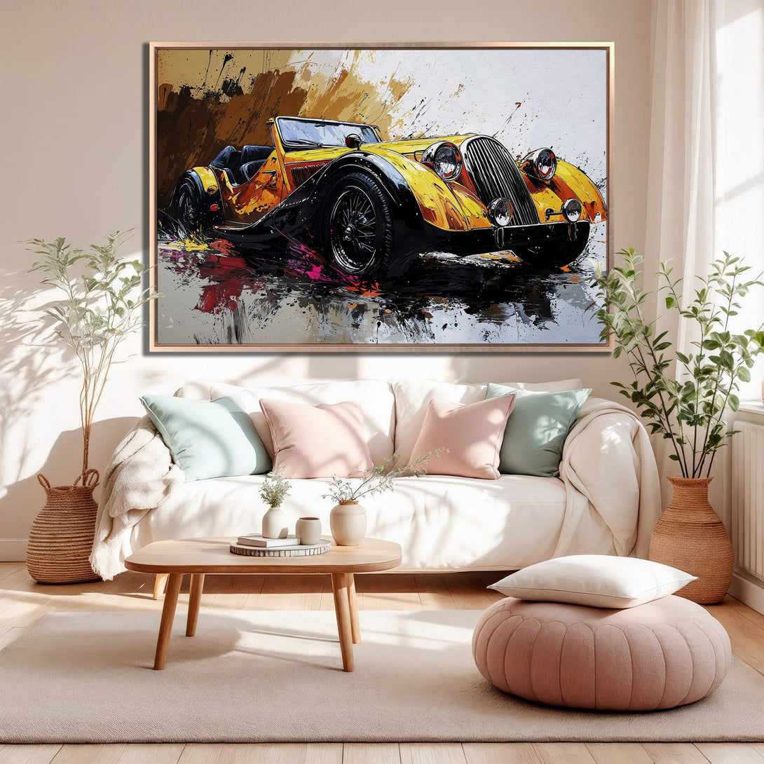 Framed Wall Art of a vintage yellow car in an abstract style. Features a warm color palette with pops of black and red, perfect for any room.