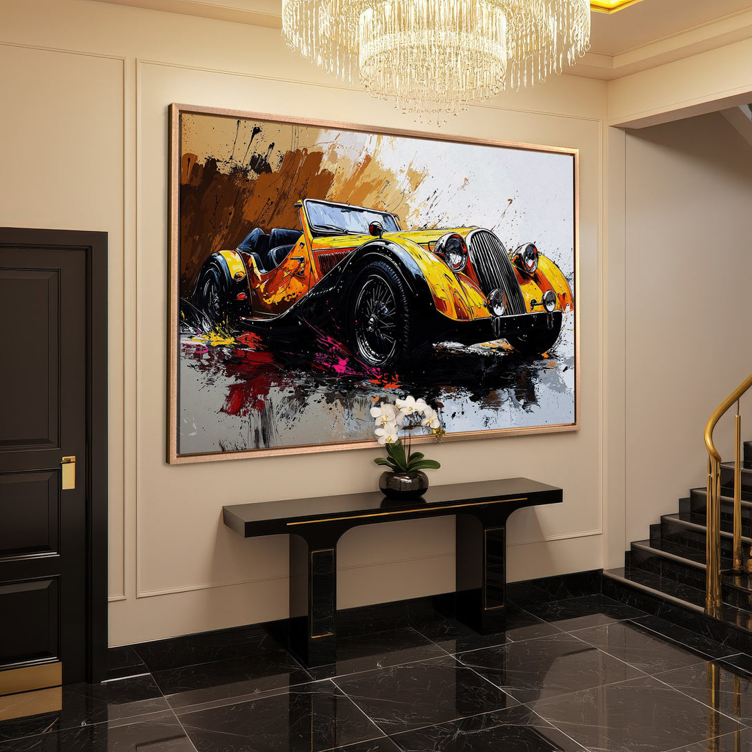 Framed Wall Art: Abstract painting of a yellow classic car. Modern style with warm, vibrant color palette. Perfect for home decor.