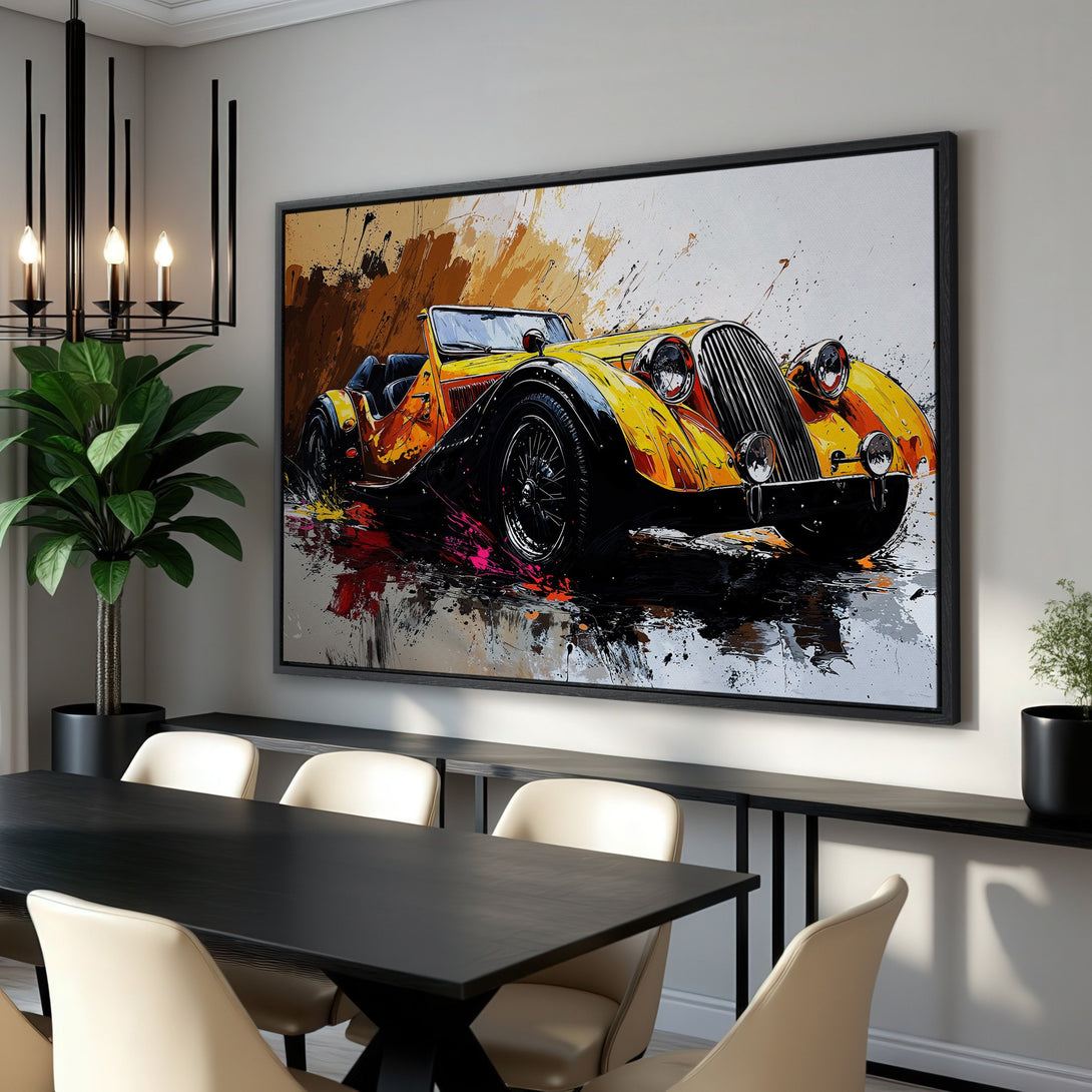 Framed Wall Art: Abstract classic car canvas print in yellow, black, and orange. Modern art for home decor.