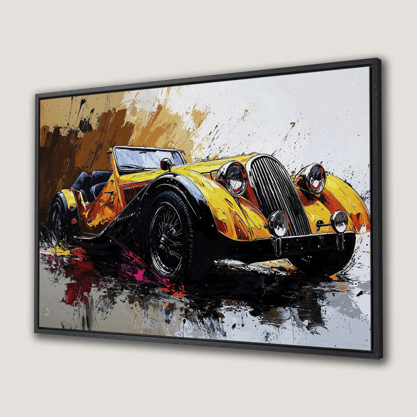 Framed Wall Art featuring a vintage yellow car in an expressive, abstract style. Bold color palette with yellow, black, and brown accents.