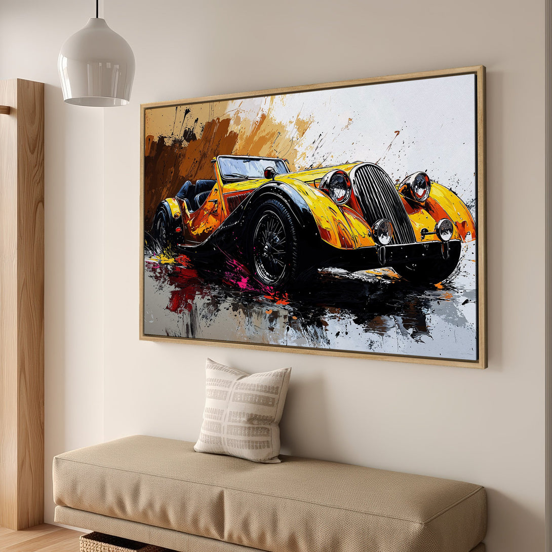 Framed Wall Art: Abstract painting of a vintage yellow car. Modern art style with a warm, vibrant color palette. Perfect for home decor.