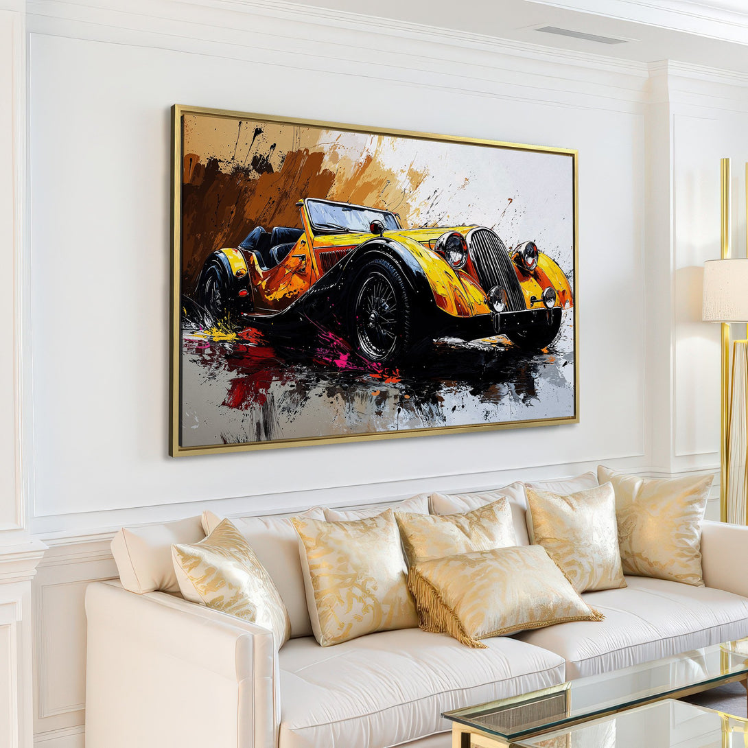 Canvas Print of a classic yellow car in an abstract style, showcasing a vibrant color palette of yellow, black, and brown, perfect for modern decor.