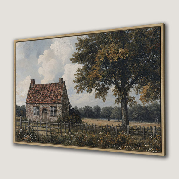 Framed Wall Art: Rustic landscape painting of a cottage and tree in warm earth tones. Perfect for adding a touch of vintage charm.