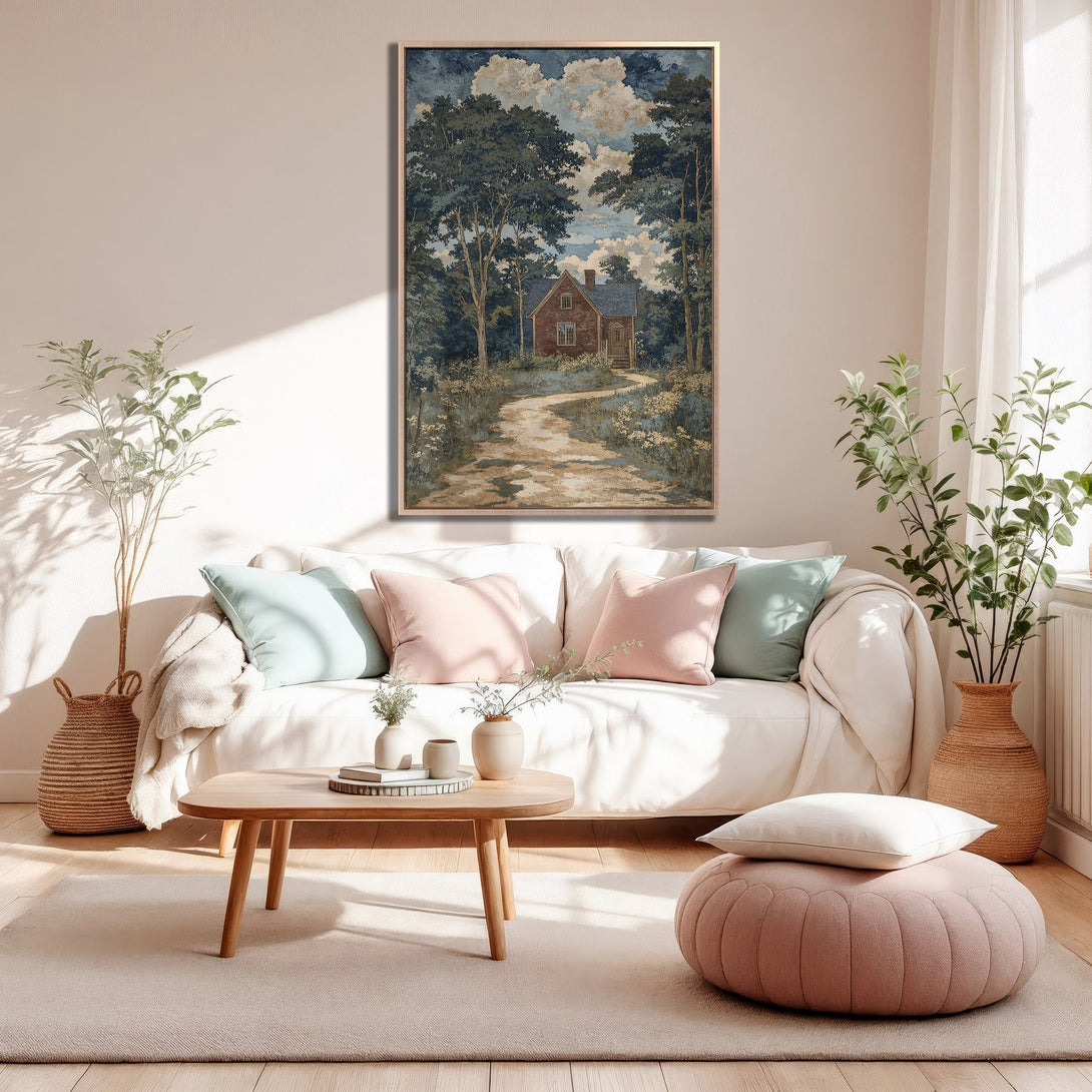 Framed Wall Art featuring a serene landscape painting in muted blues and greens. Perfect for adding a touch of nature to your home decor.
