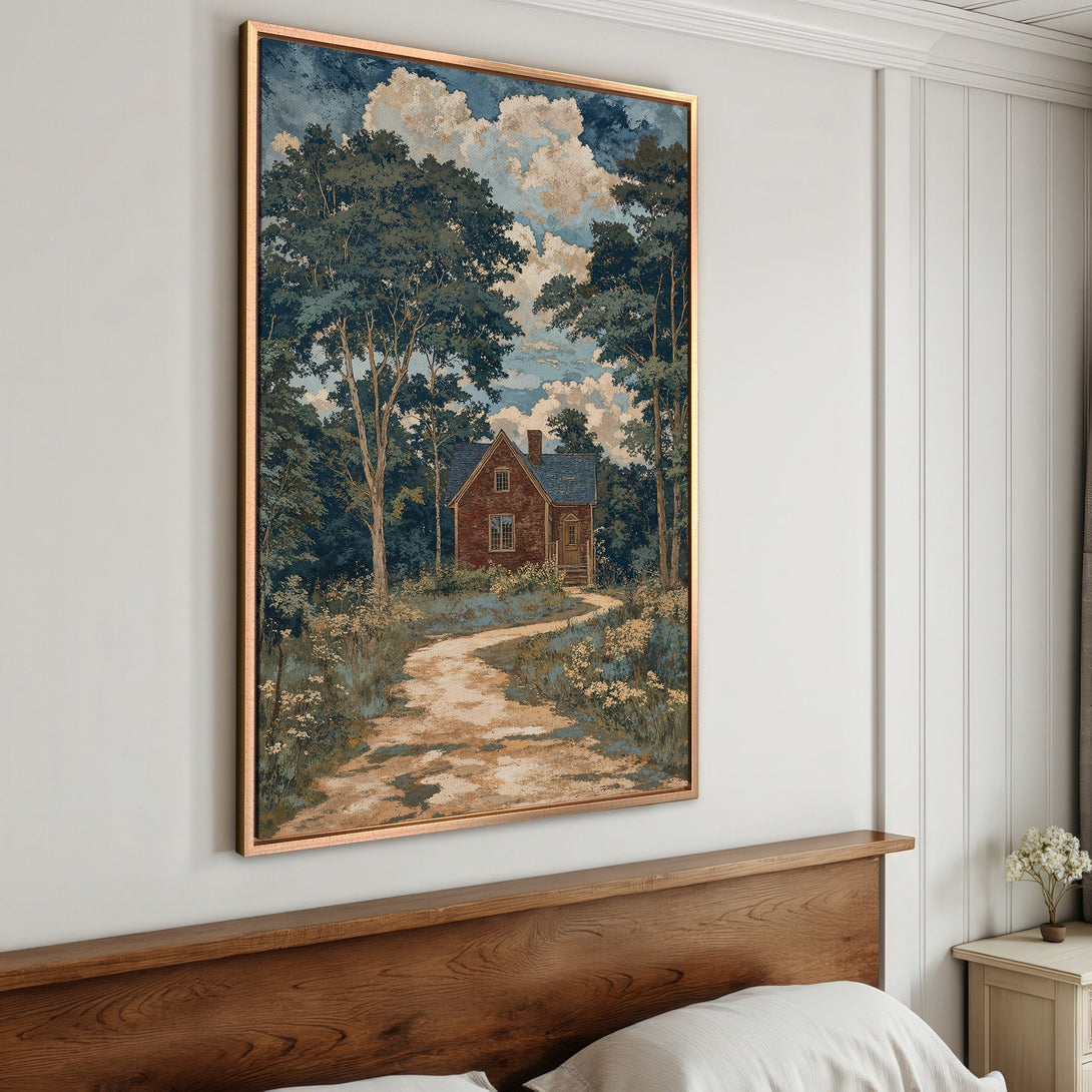 Framed Wall Art featuring a serene landscape with a house. Rustic style, blue and green color palette. Perfect for adding a touch of nature to your home.