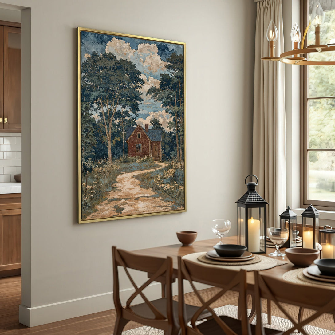 Canvas Print of a cabin in the woods, featuring a vintage style and a muted, earthy color palette. Perfect for rustic home decor.
