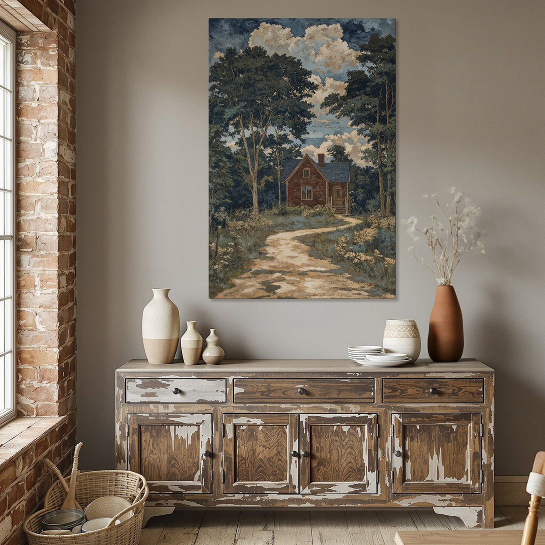 Framed Wall Art: Scenic landscape Canvas Print with a charming cottage, featuring a blue, green, and beige color palette, perfect for home decor.