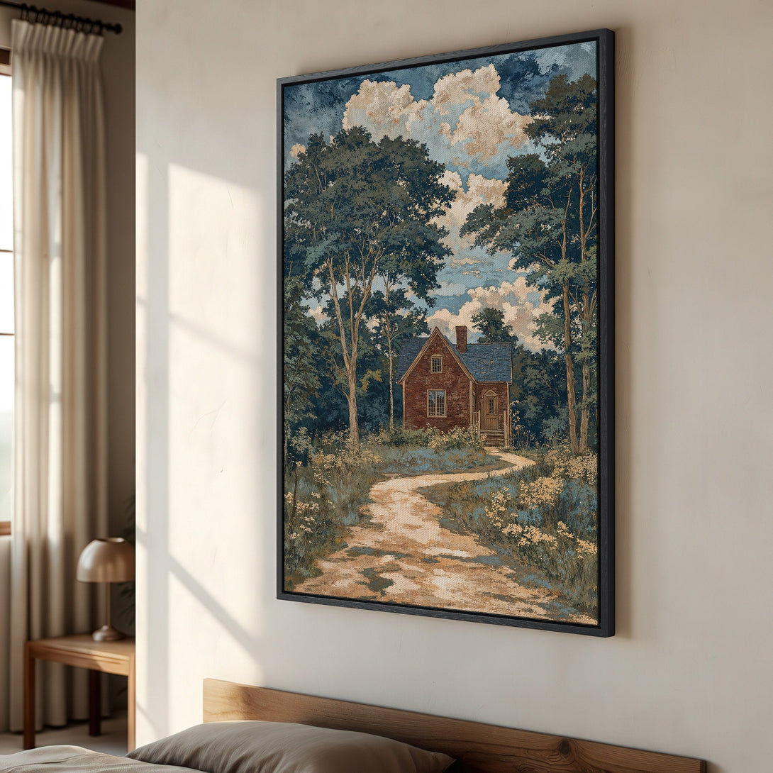 Framed Wall Art featuring a charming cottage scene in a vintage style. Earthy tones and blues create a calming aesthetic, perfect for adding warmth to any space.