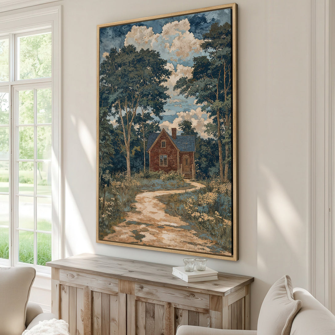 Framed Wall Art featuring a serene landscape scene with a house and trees. Earthy tones and a vintage style create a calming atmosphere. Perfect for adding character to your home.
