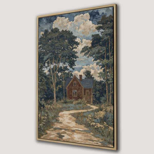 Framed Wall Art featuring a charming cottage scene. Rustic style with a serene blue, green, and beige color palette. Perfect for adding a touch of nature to your space!