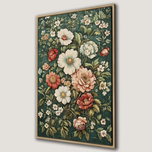 Framed Wall Art featuring a vintage floral design with lush blooms in a deep green and warm color palette. Perfect for adding elegance to any space.