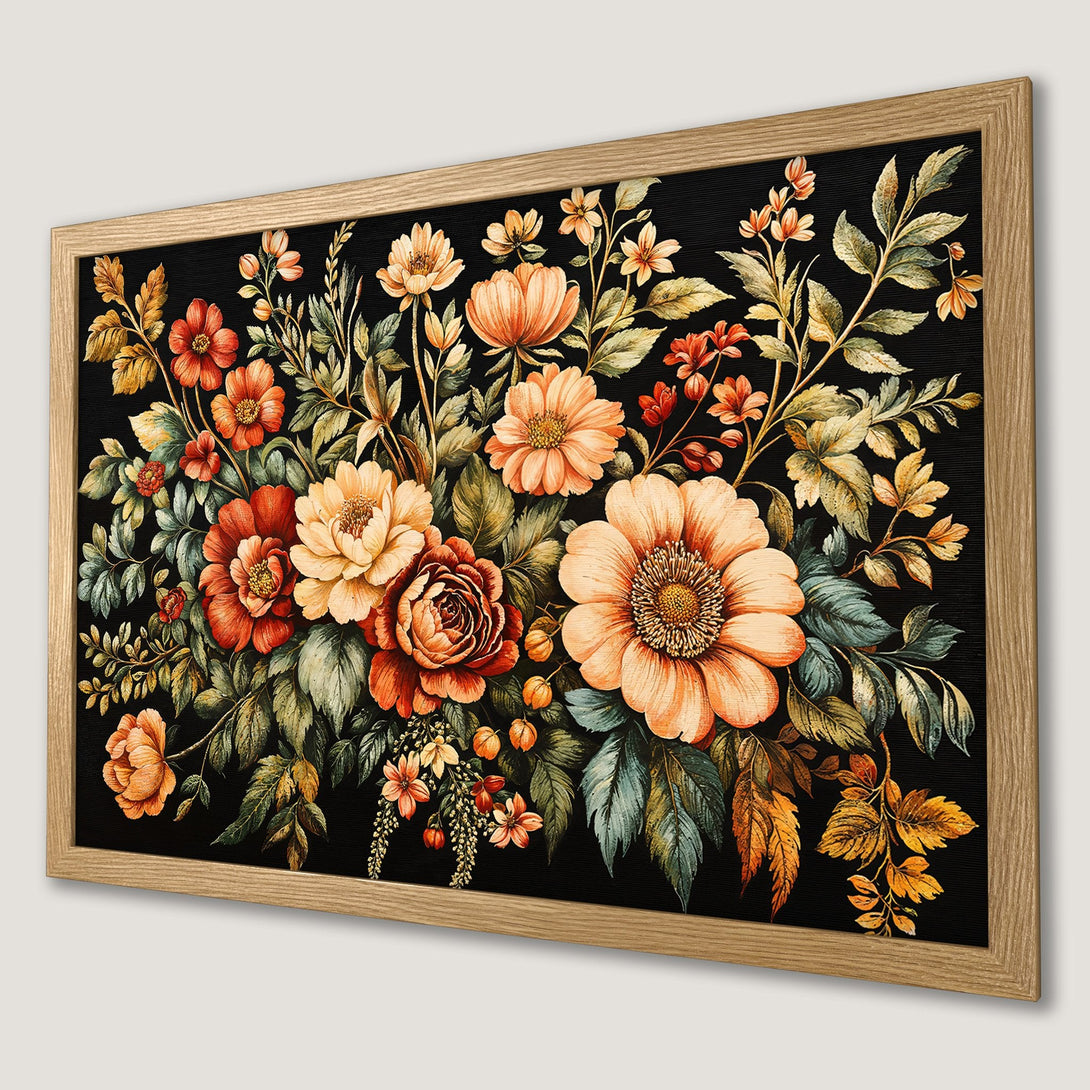 Framed Poster featuring a floral watercolor painting with a dark background and warm color palette. Enhance your space with this art print!
