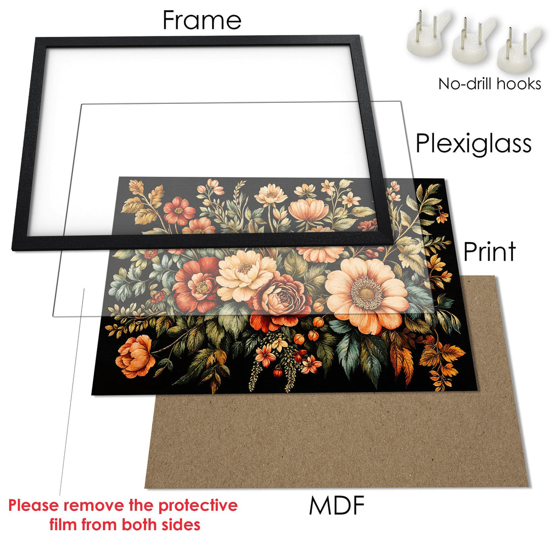 Framed Poster featuring a floral design in warm orange and green hues. Perfect wall art for any space!
