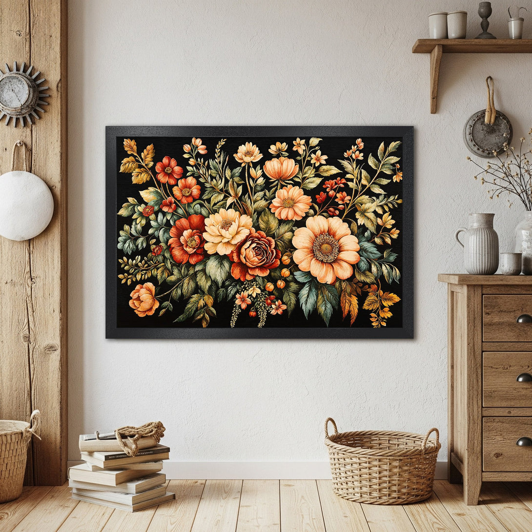Framed Poster featuring floral art in warm orange & red tones, with a black background. Perfect for home decor!