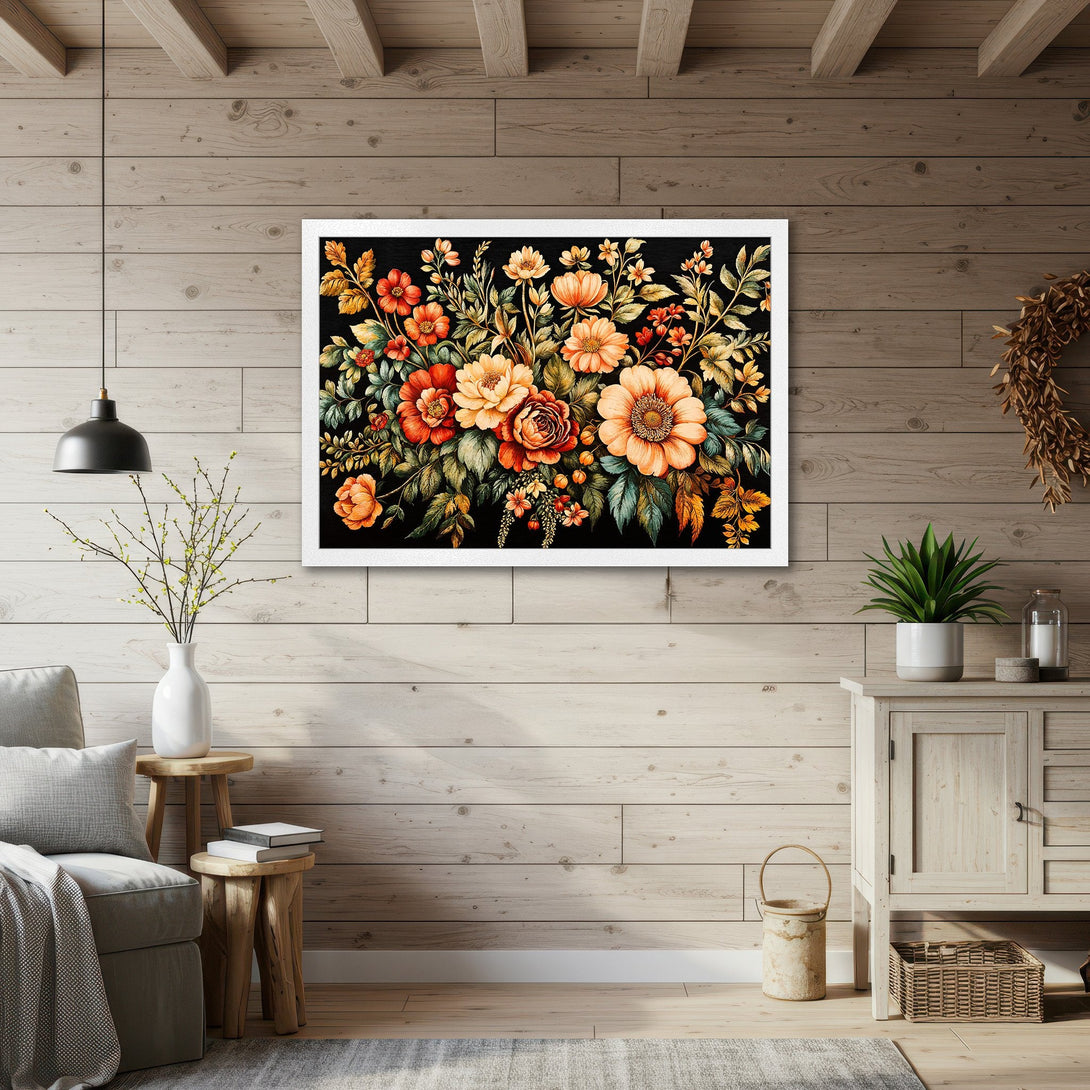 Framed Poster featuring vibrant floral artwork in warm orange and red tones, perfect for adding a touch of nature to your home decor.