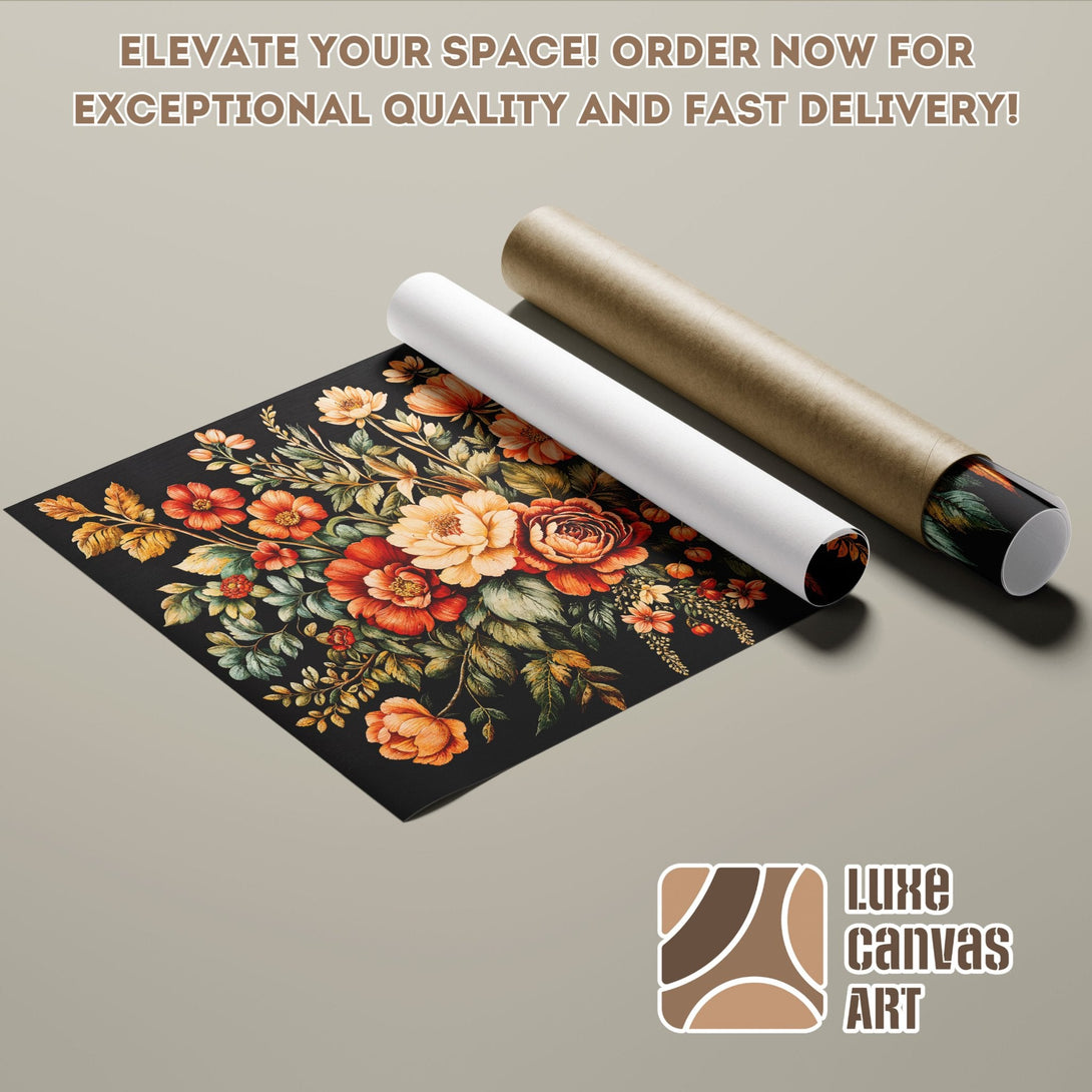 Floral Poster Roll featuring vibrant flowers in warm tones on a black background. Perfect wall art!