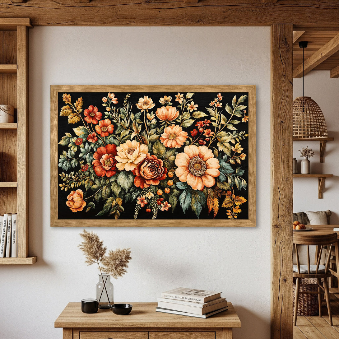 Framed Poster featuring a floral botanical design in warm orange, red, and green hues, perfect for home decor.