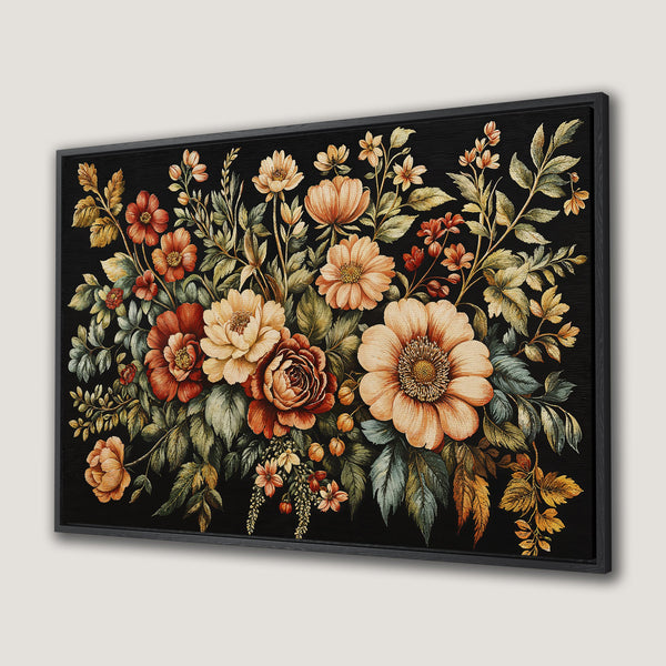 Framed Wall Art featuring a vintage floral arrangement in warm tones. Beautiful Canvas Print with roses, dahlias, and foliage against a black background.