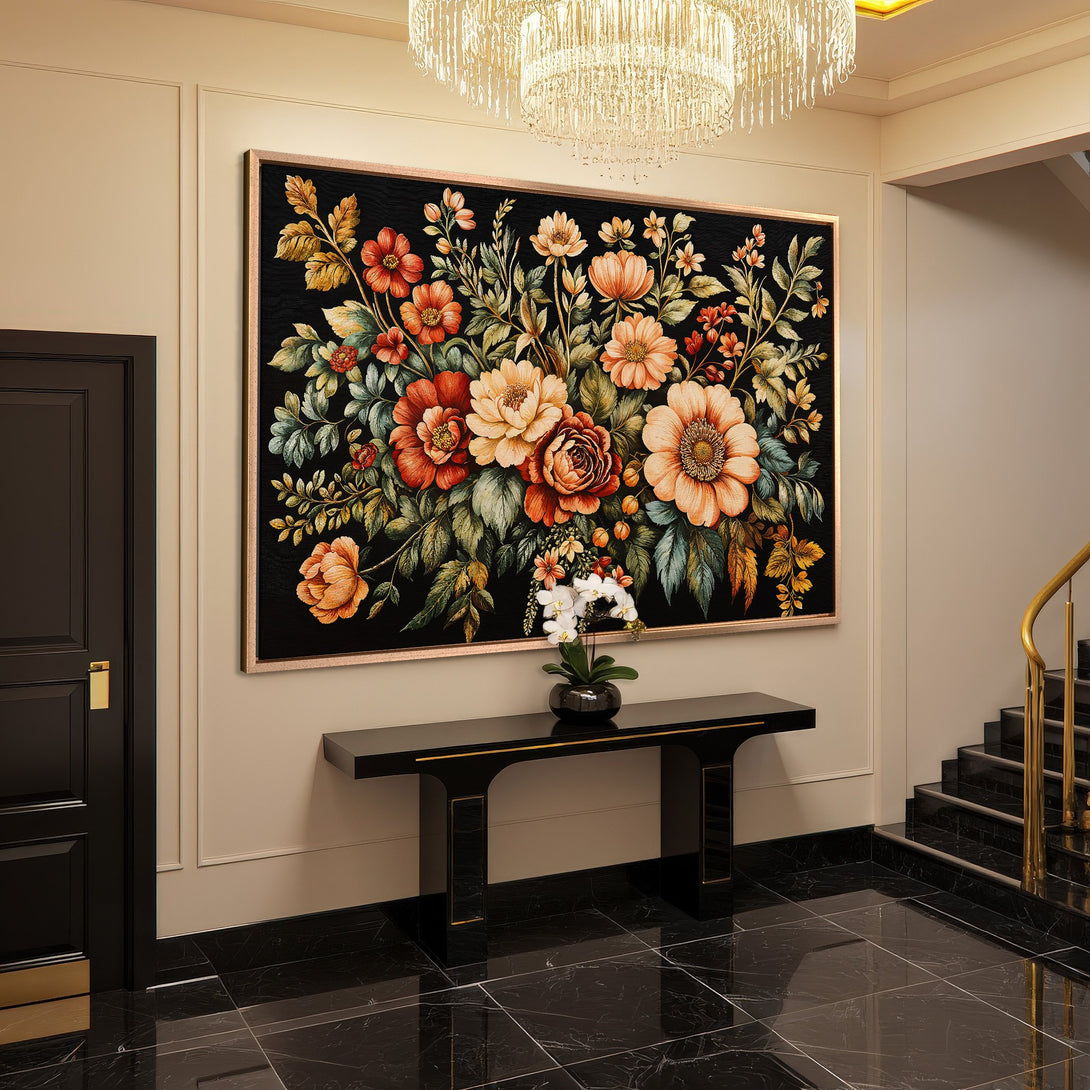 Framed Wall Art: Elegant floral canvas print in warm tones. Adds a touch of luxury to any space. Perfect for living rooms and hallways.