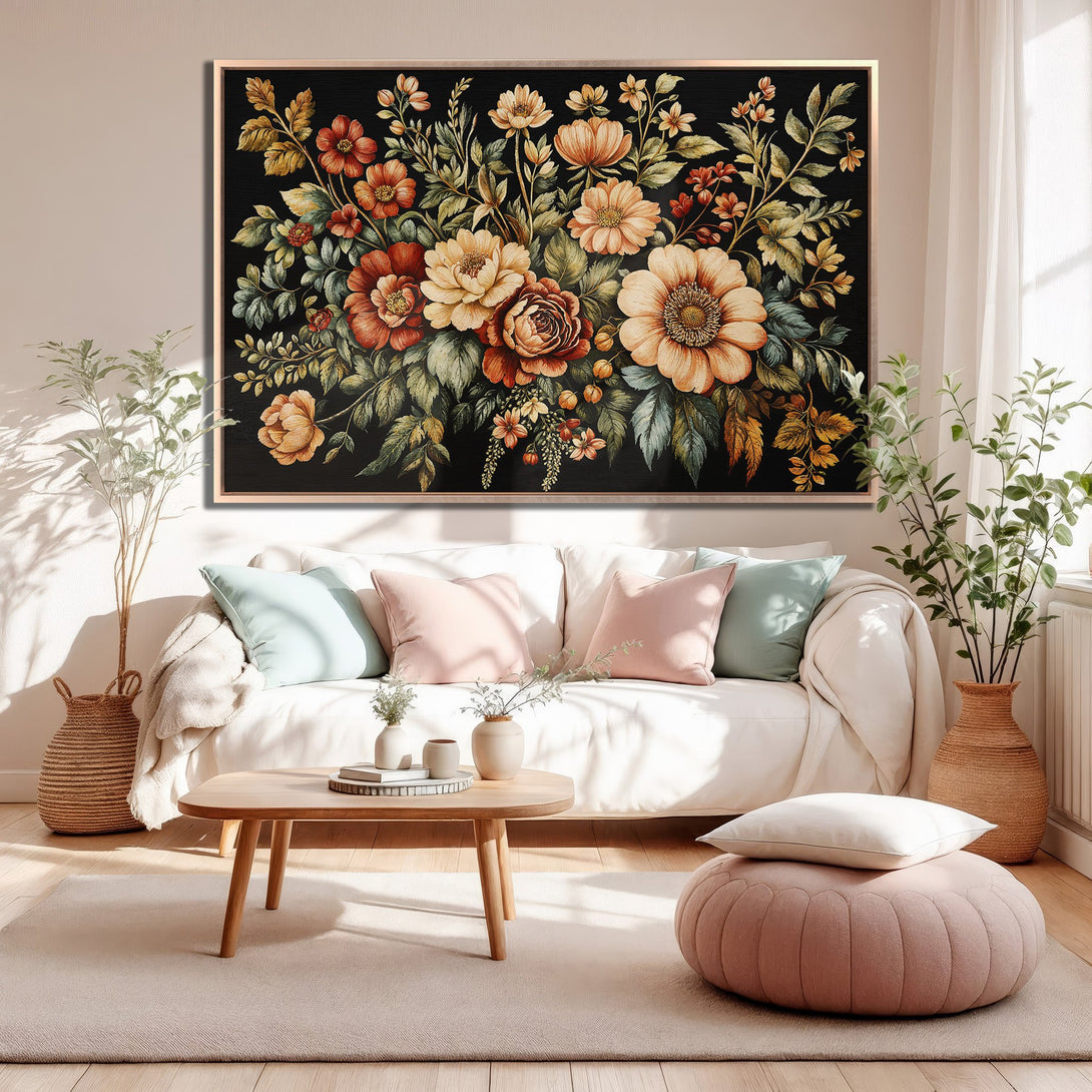 Framed Wall Art: Floral canvas print with warm orange and yellow tones. Perfect for living room decor. Adds a touch of elegance to any space.