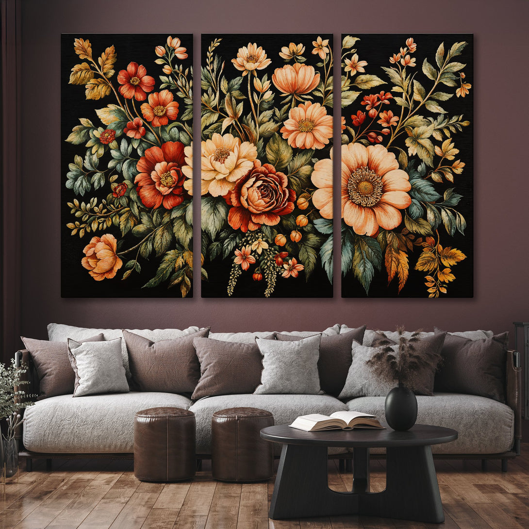 Canvas Print of floral artwork in warm orange and red tones, set against a black background. Adds a touch of elegance to any space.