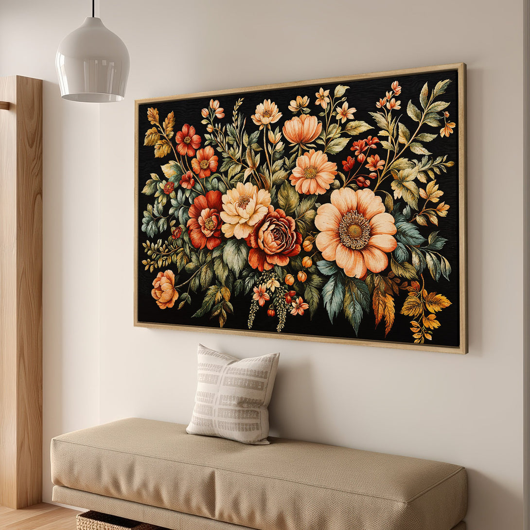 Framed Wall Art: Vintage floral Canvas Print with warm orange, red, and green tones on a black background. Perfect for adding a touch of elegance to your home.
