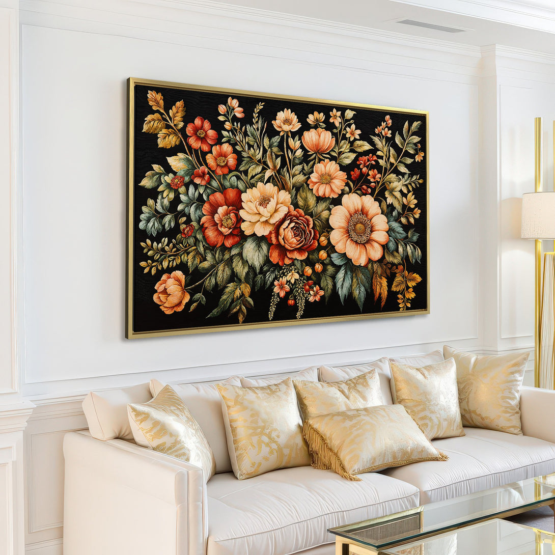 Canvas Print of a vibrant floral arrangement in warm tones against a dark background, adding a touch of elegance to any interior.